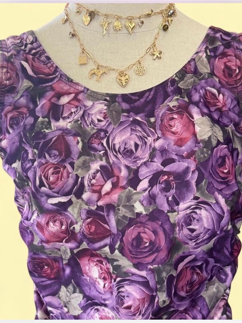 Floral Scoop Neck Women's Top - Tankini Purple Rose Print Vintage